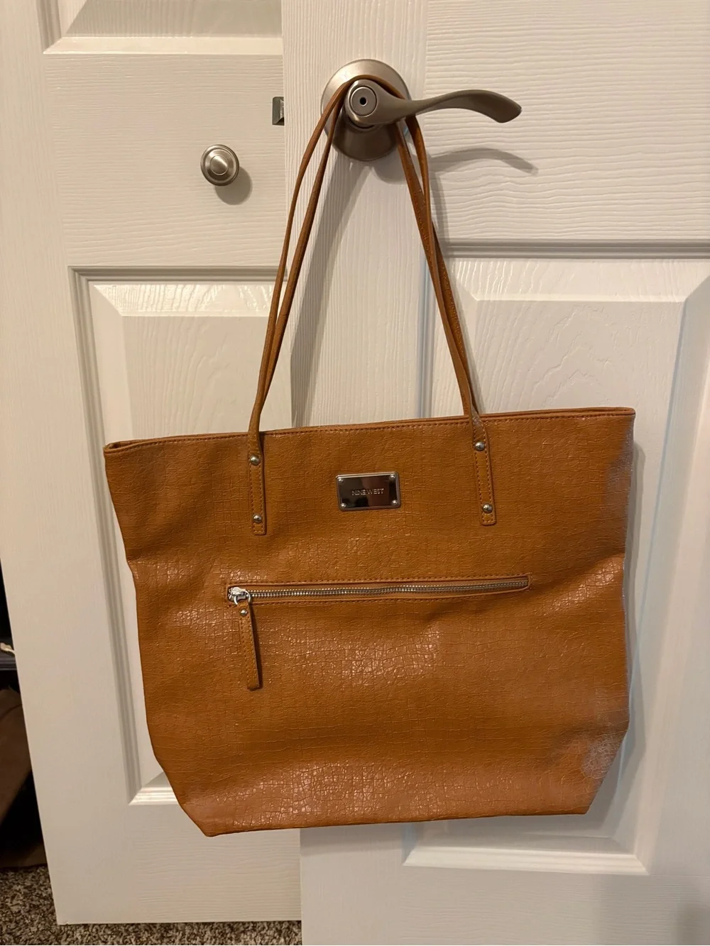 Nine West Cognac Leather Tote with Front Zip Pocket